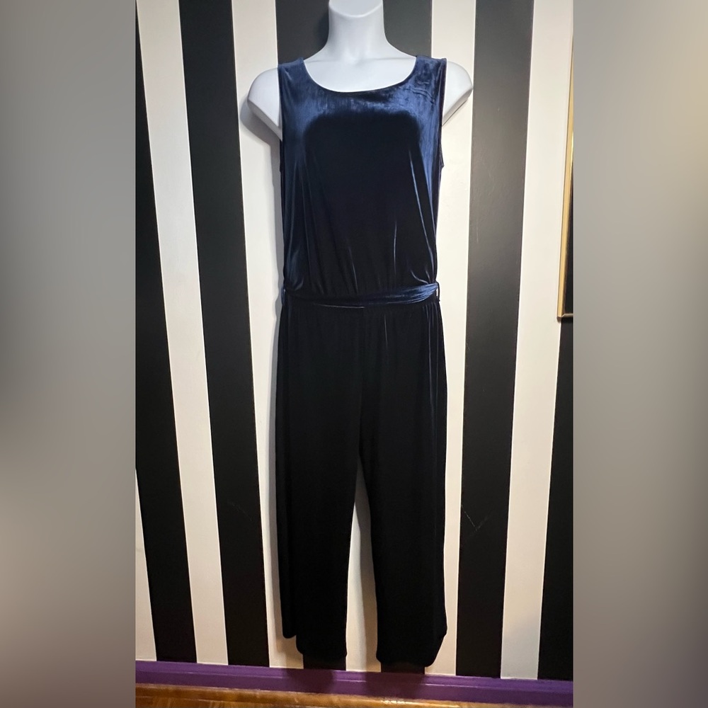Gorgeous Women’s Blue Velvet Wide-Leg Jumpsuit w/ Tie Belt & Pull-On Style; XXL